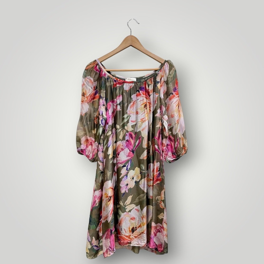 Bellambia Italy Silk Blend Floral Mini Dress Olive Green Pink Womens Size M